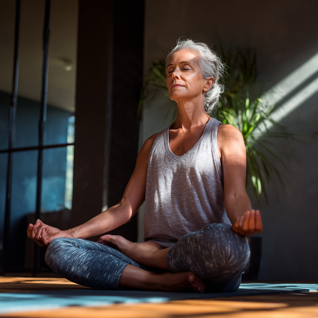 50 years old woman practicing gentle yoga poses in serene studio environment