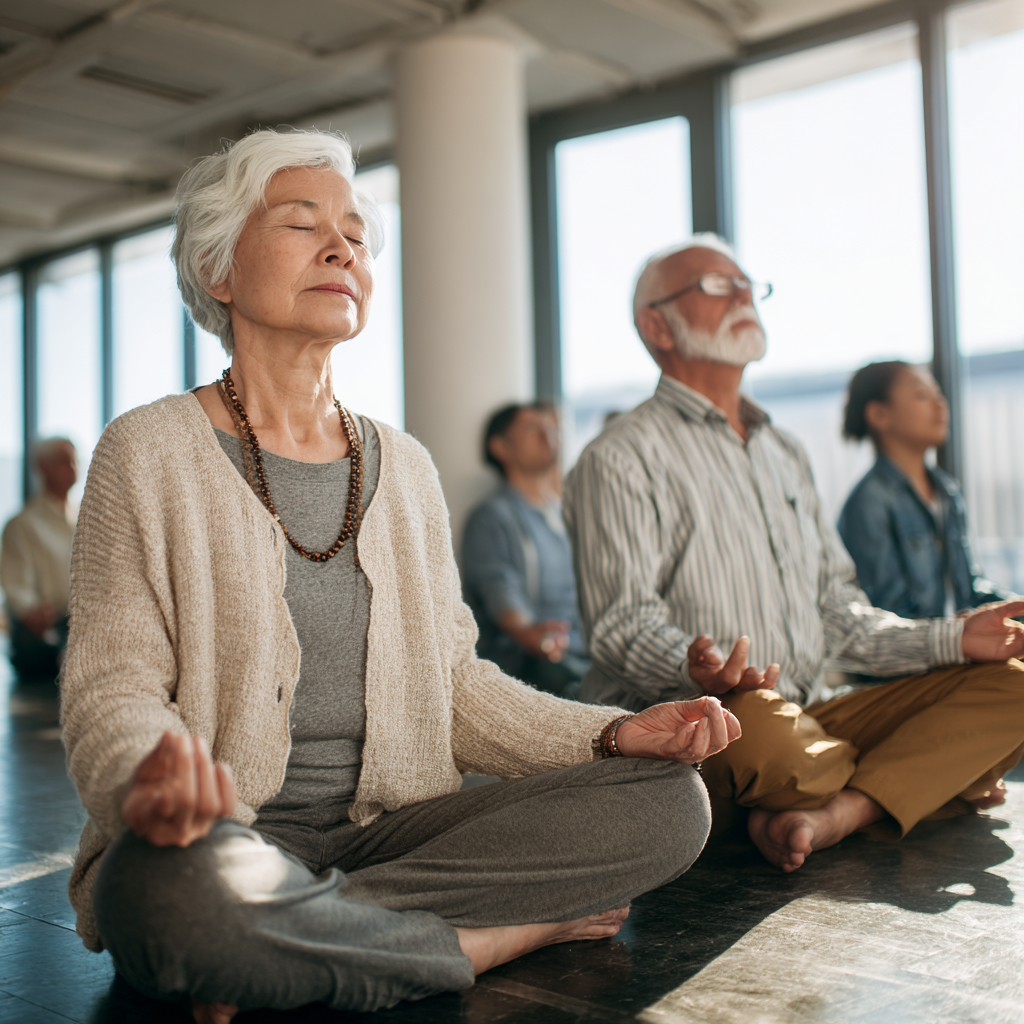 peaceful meditation space with 50 years old adults practicing mindfulness
