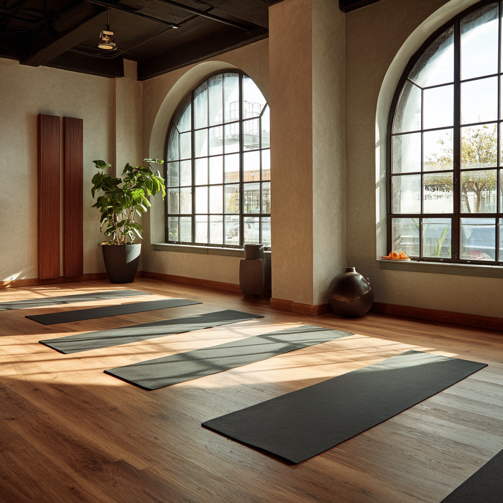 serene yoga studio interior with natural lighting and 50 years old practitioners